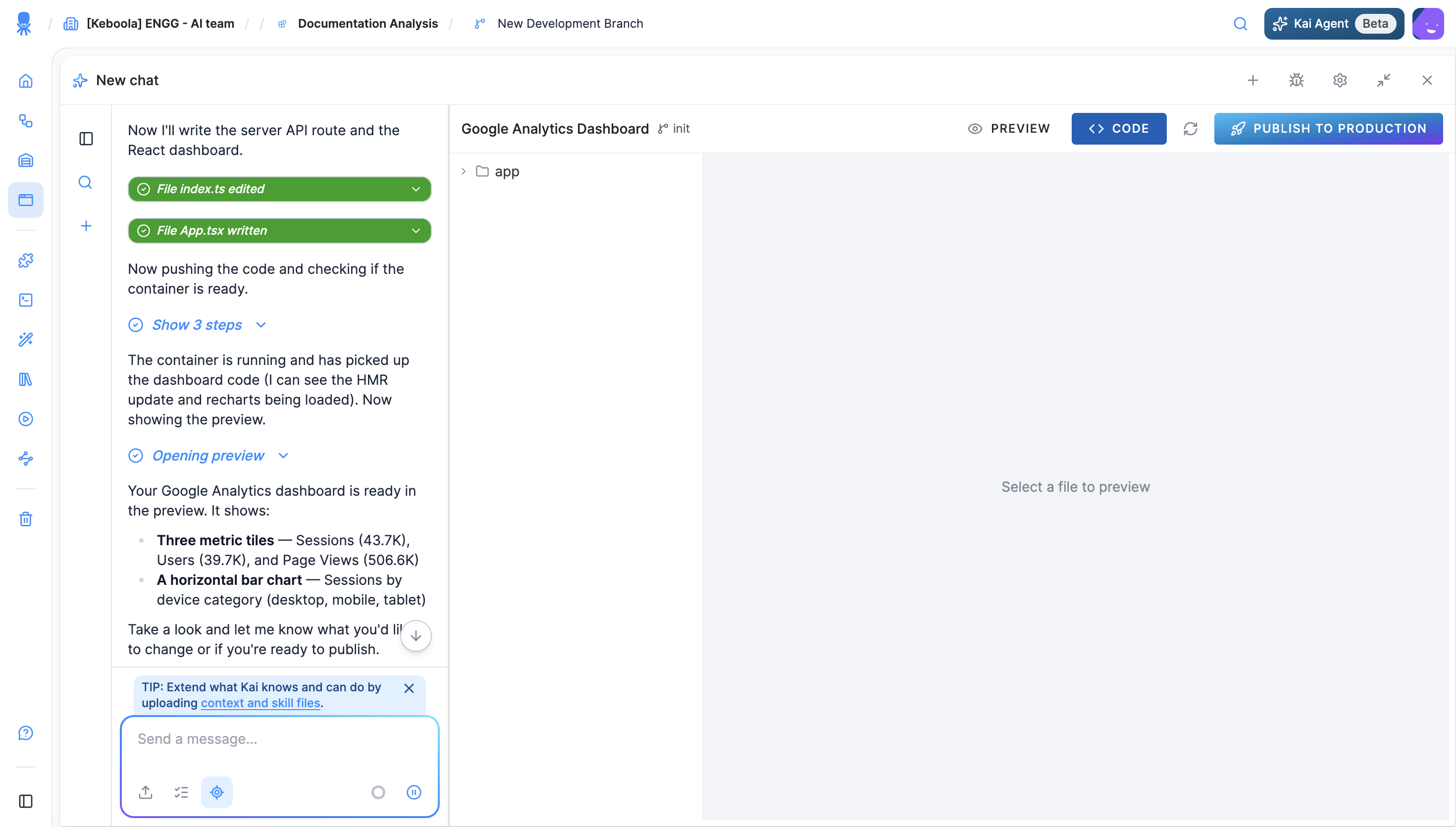 Kai building a Python/JS app: the chat reports each file written and the container starting, next to the Code view of the draft's files with the Publish to Production button