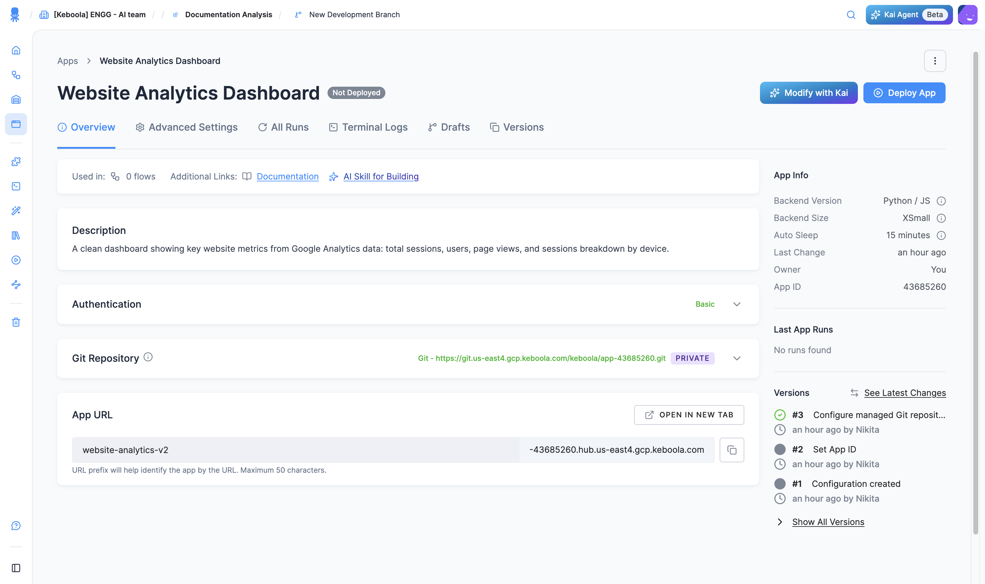 The Python/JS app configuration page: Authentication, a Git Repository section with Project URL and Load Branches, and the App Info panel showing the Python / JS backend